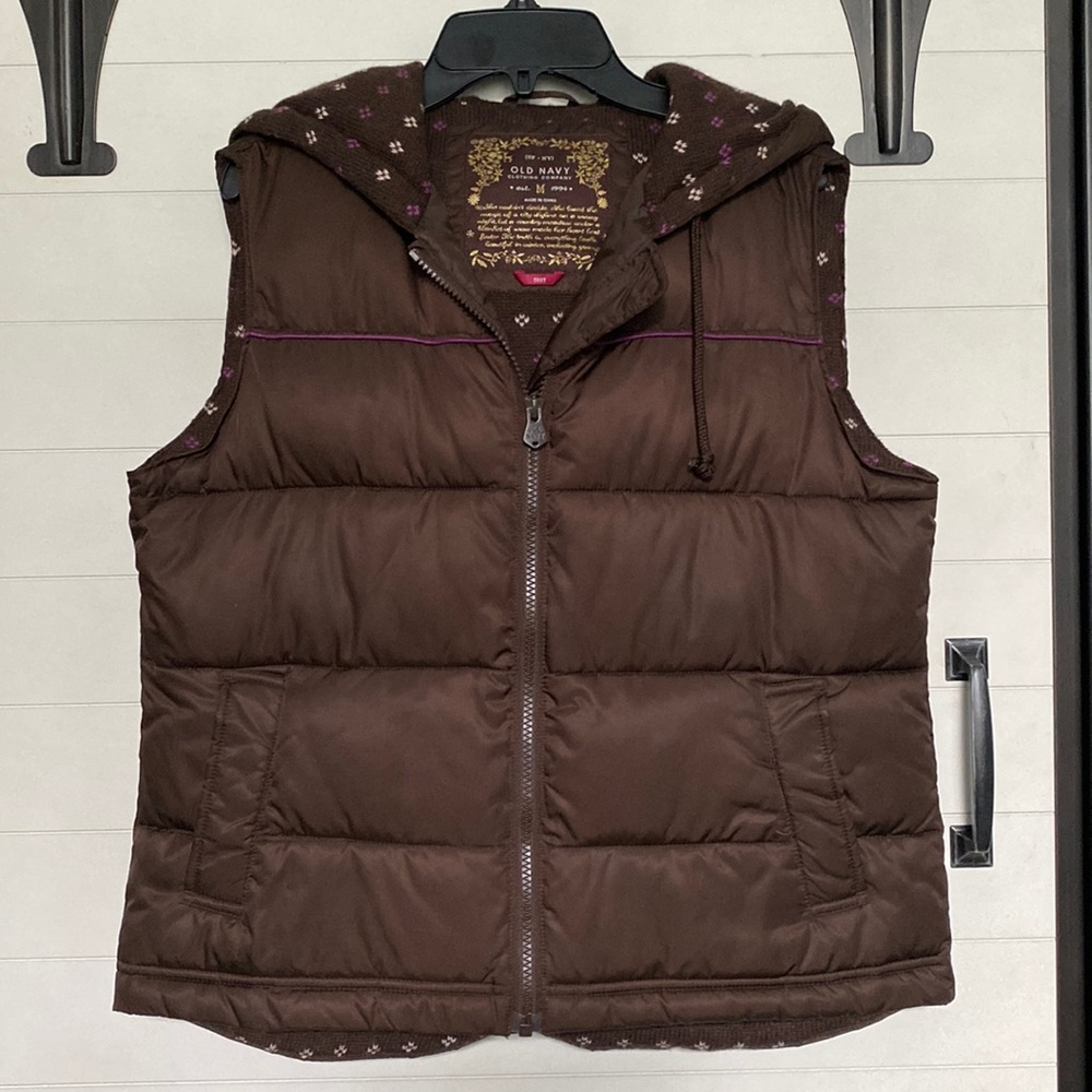 Old Navy Brown Hooded Puffer Vest - image 1